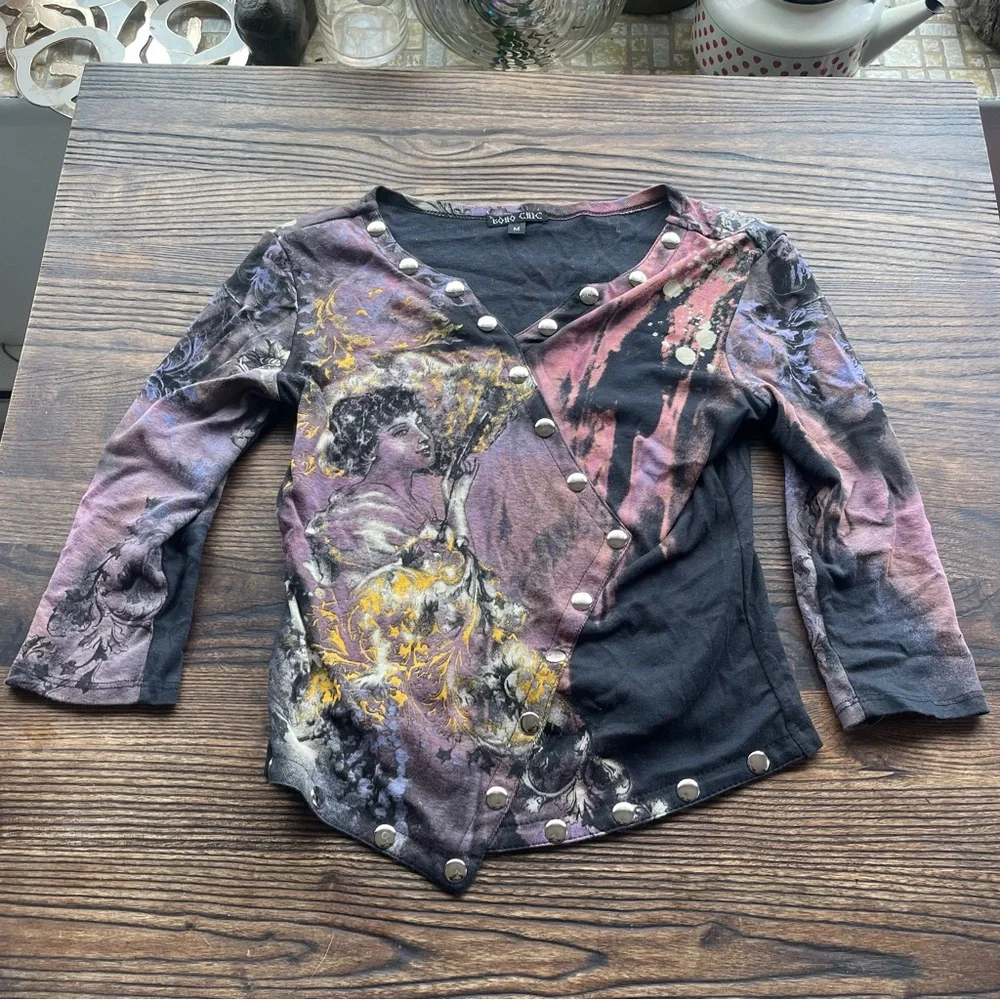 Boho Chic y2k Mixed-Print Art Studded Long Sleeve Tee in Black & Purple - Picture 1 of 4